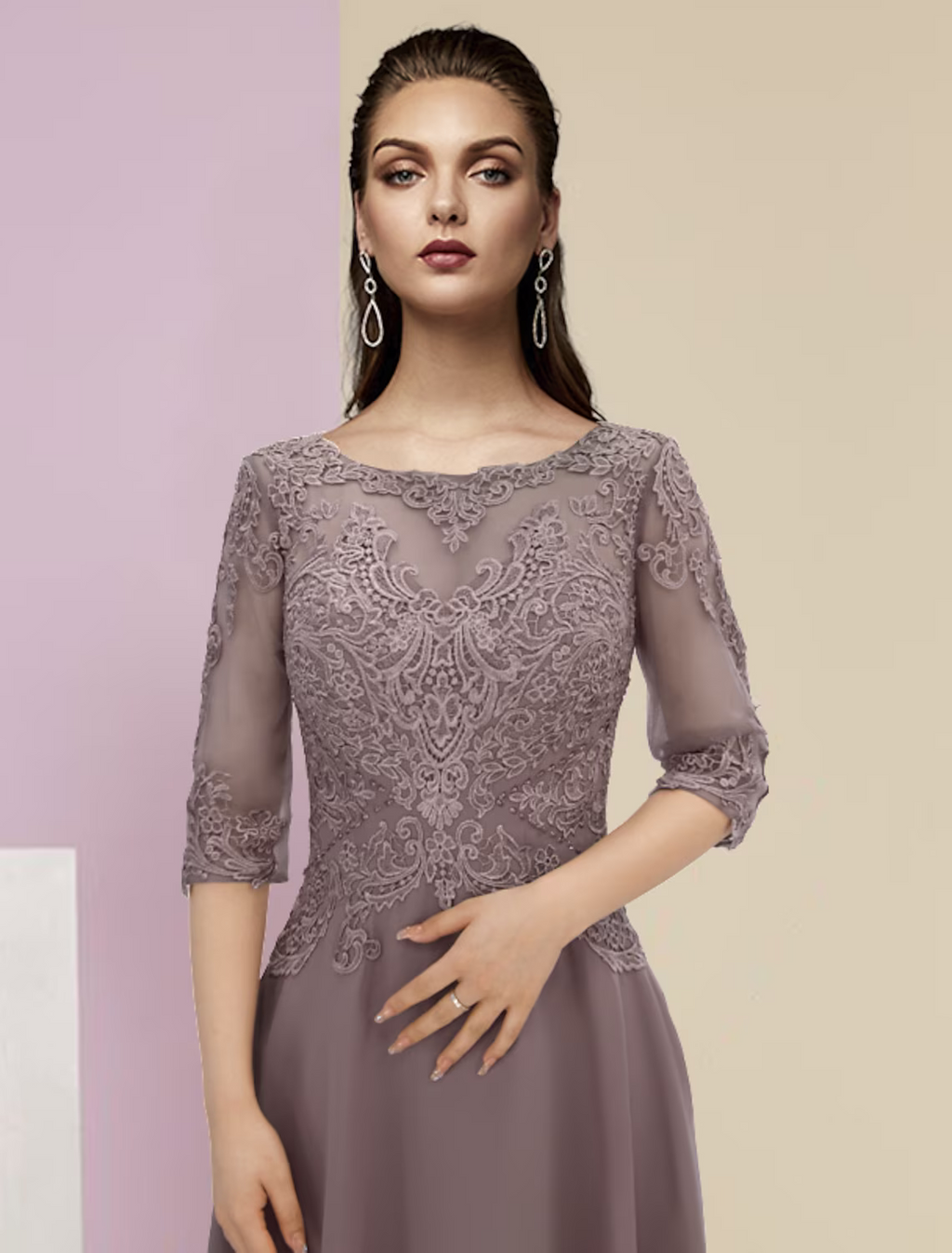 Two Piece A-Line Mother of the Bride Dress Formal Wedding Guest Party Elegant Scoop Neck Asymmetrical Sleeve Wrap Included with Beading Appliques