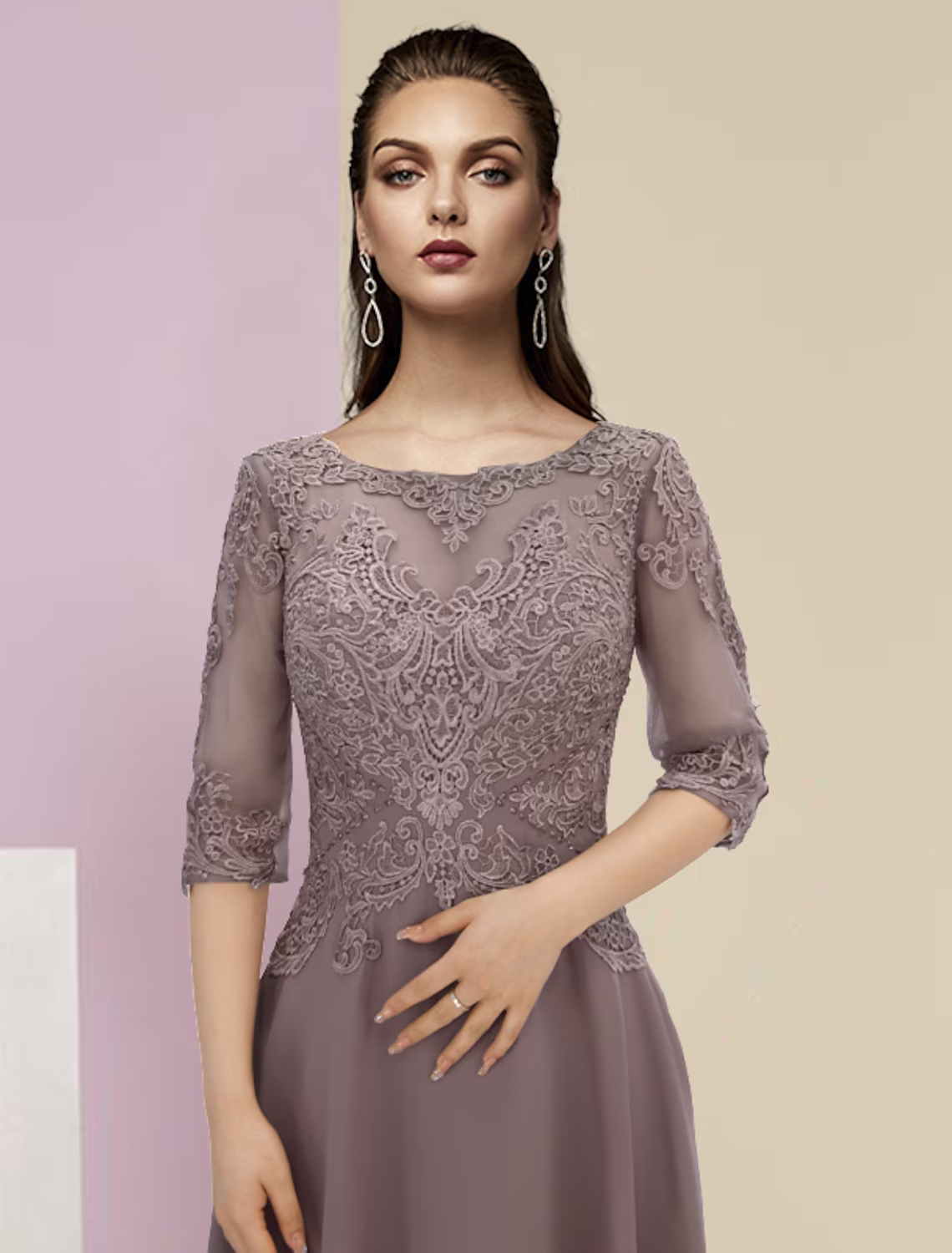 Two Piece A-Line Mother of the Bride Dress Formal Wedding Guest Party Elegant Scoop Neck Asymmetrical Sleeve Wrap Included with Beading Appliques
