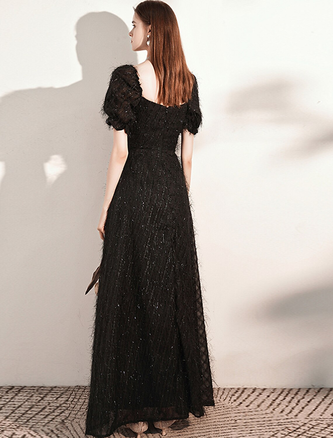 Evening Gown Dress Wedding Guest Floor Length Short Sleeve Scoop Neck with Buttons