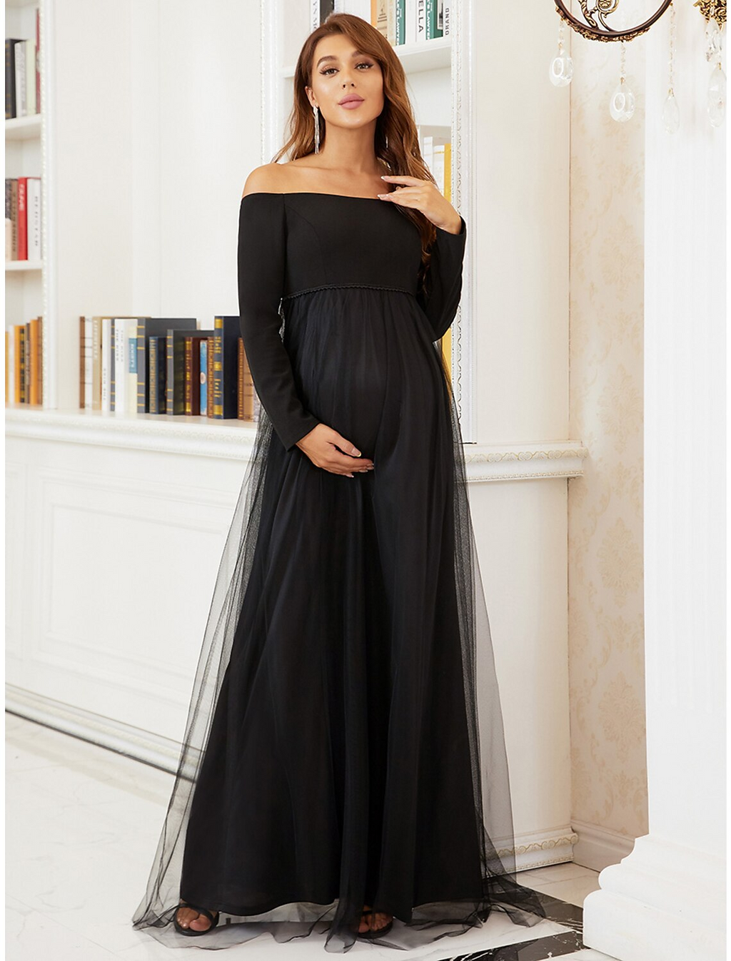 Mother of the Bride Dress Maternity Elegant Off Shoulder Floor Length Long Sleeve with Tier