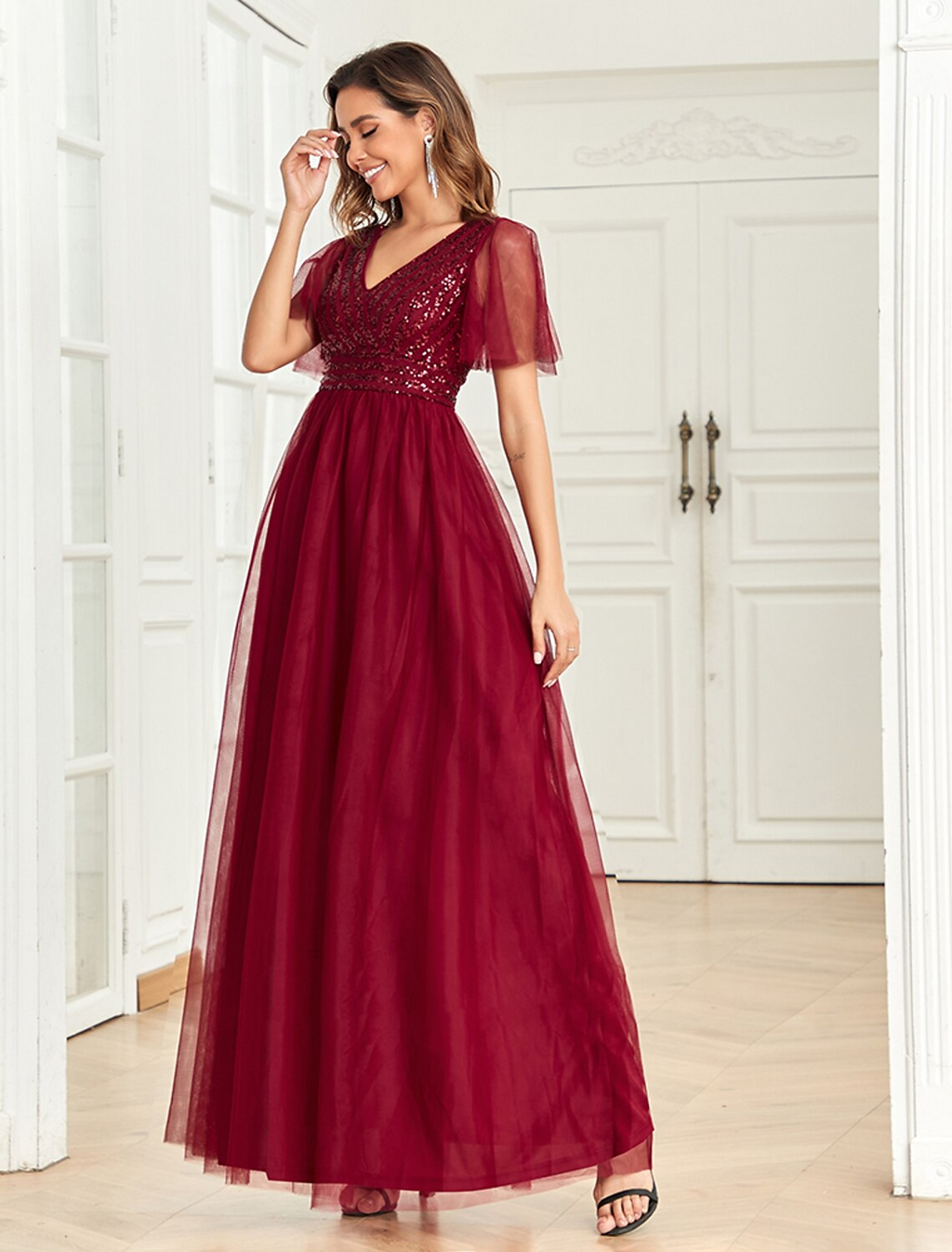 Party Dresses Empire Dress Party Wear Floor Length Short Sleeve V Neck V Back with Glitter