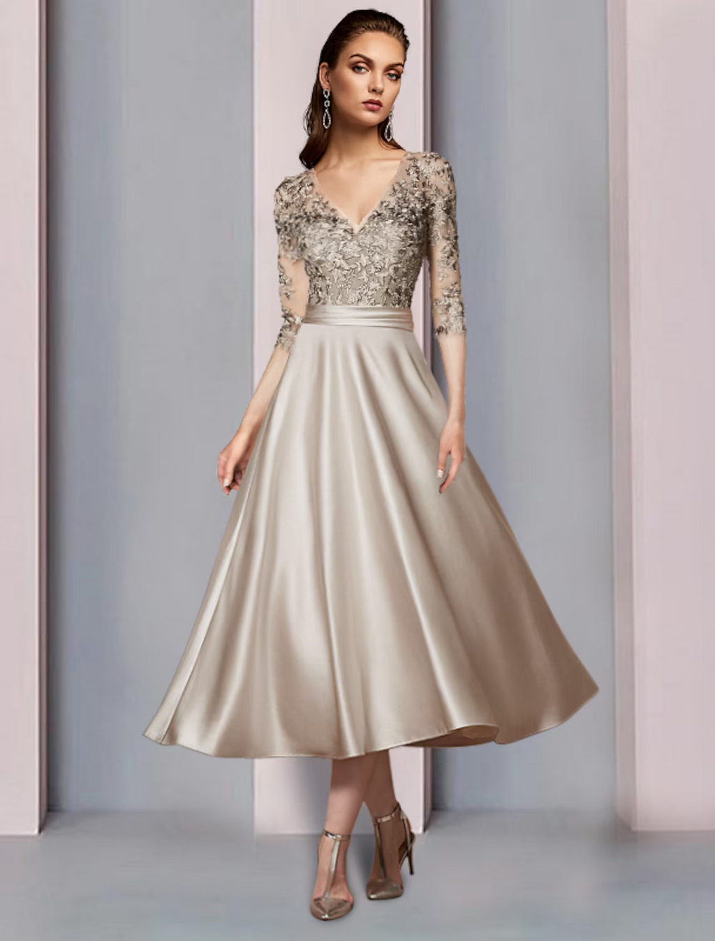 Mother of the Bride Dress Wedding Guest Elegant V Neck Length Half Sleeve with Pleats Appliques