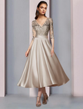 Mother of the Bride Dress Wedding Guest Elegant V Neck Length Half Sleeve with Pleats Appliques