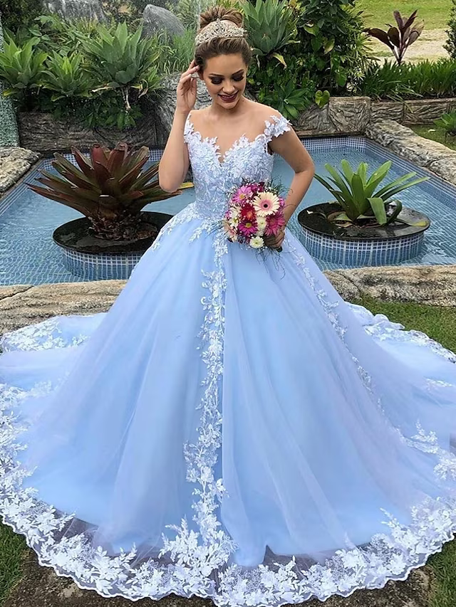 Engagement Wedding Dresses Formal Wedding Dresses Court Train Ball Gown Cap Sleeve V Neck With Appliques