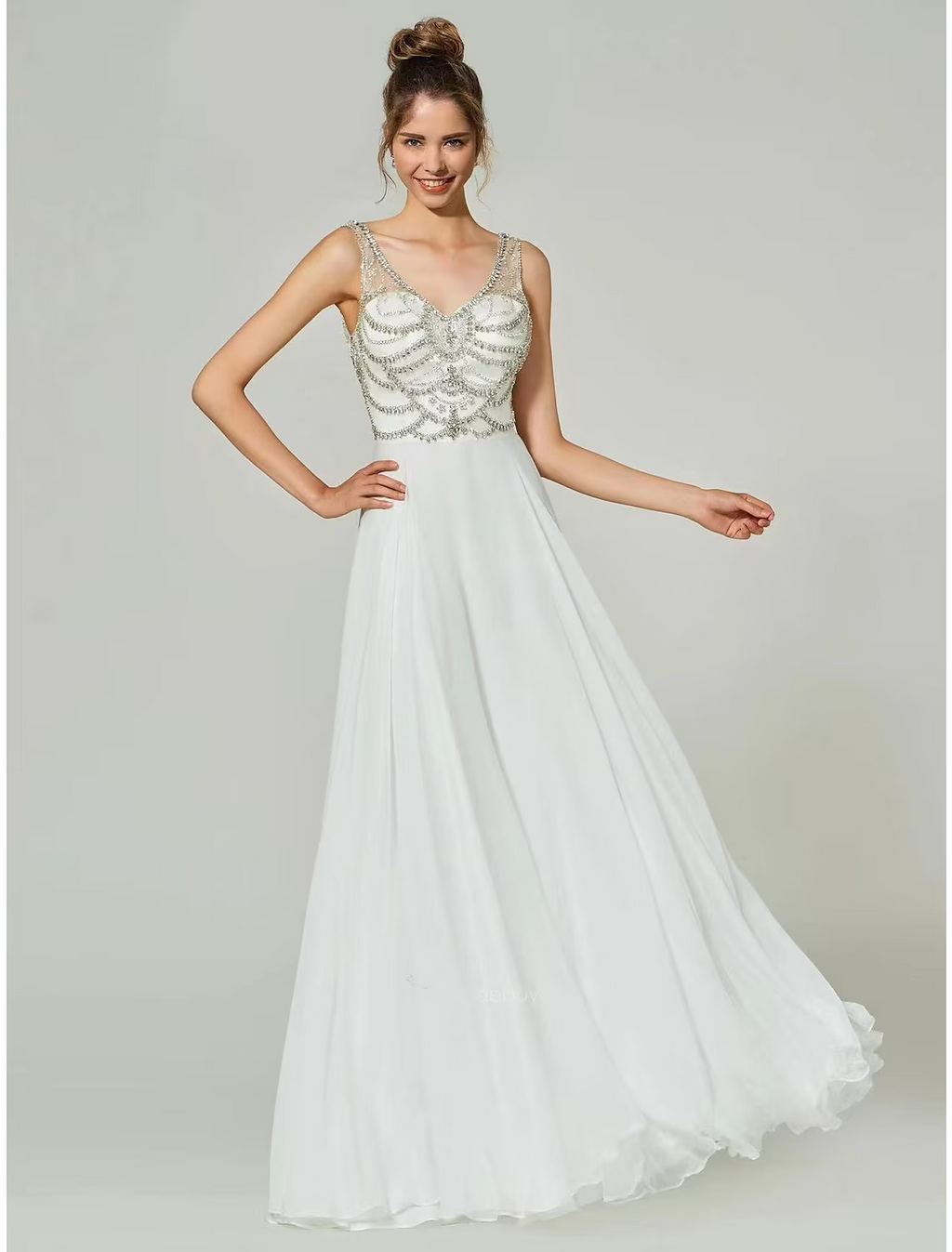 Evening Gown Open Back Dress Formal Floor Length Sleeveless V Neck with Rhinestone