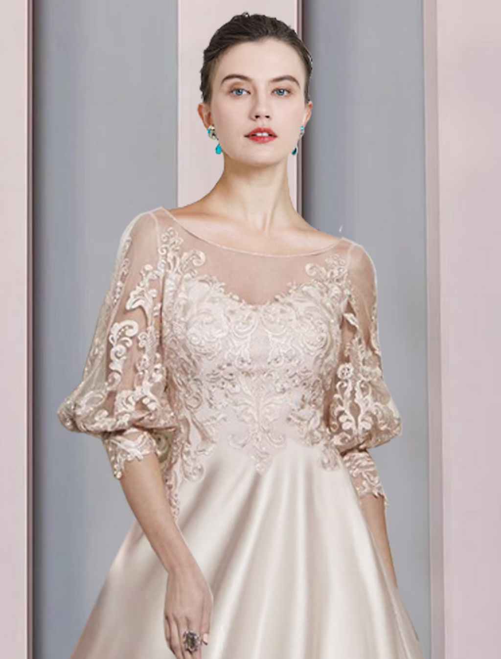 Mother of the Bride Dress Formal Elegant Scoop Neck Length Sleeve with Appliques