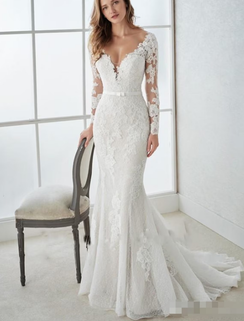 Engagement Open Back Formal Wedding Dresses Long Sleeve V Neck