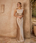 Champagne Cowl-Back Boat-Neck Satin Prom Dress