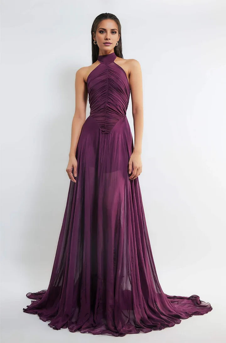 Plum Halter Neck Ruched Chiffon Prom Dress with Train