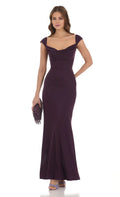 Plum Cap-Sleeve Lace-Up Open-Back Mermaid Floor-Length Prom Dress