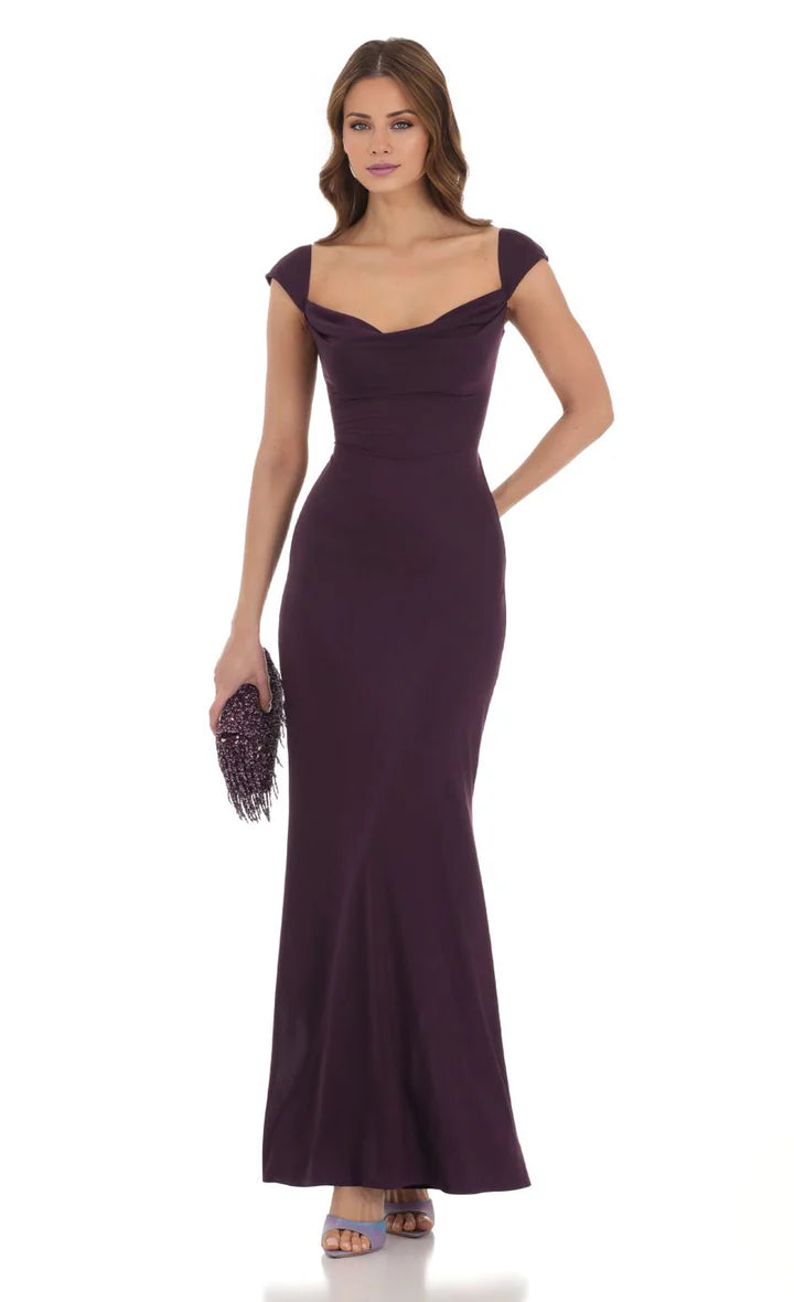 Plum Cap-Sleeve Lace-Up Open-Back Mermaid Floor-Length Prom Dress