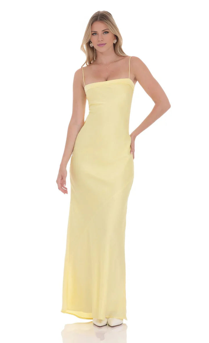 Lemon Yellow Spaghetti Strap Bow-Back Floor-Length Prom Dress