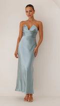 Dusty Blue Strapless V-Notch Satin Midi Evening Dress