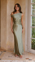 Olive Green Asymmetrical One-Shoulder Satin Prom Dress
