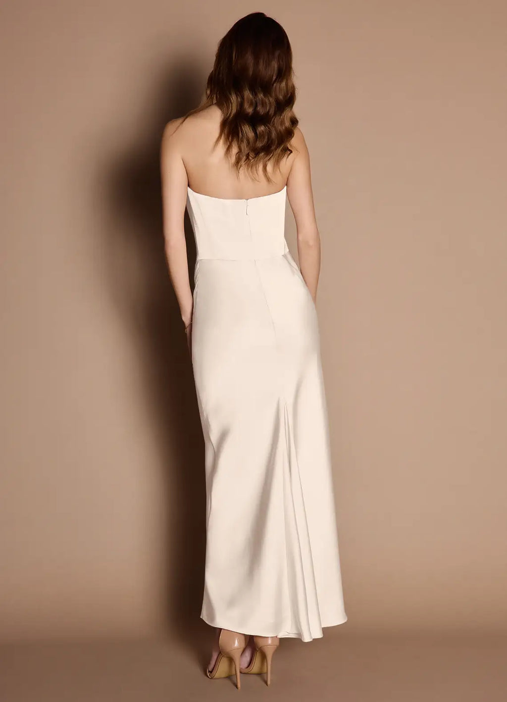Ivory Strapless Prom Dress with Asymmetric Bodice and Draped Skirt for Formal Occasions