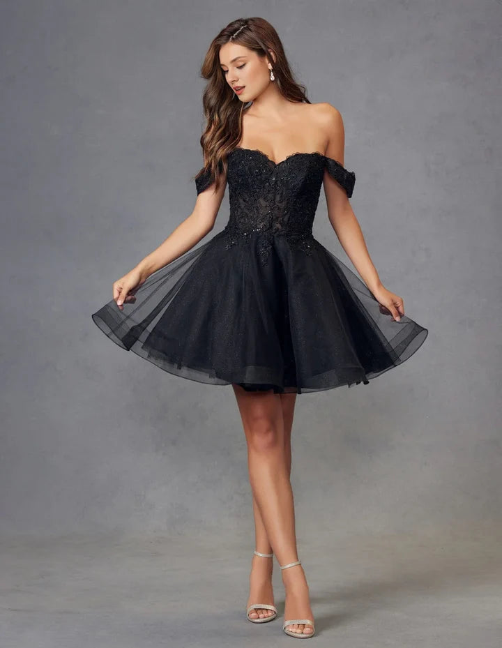 Navy A-Line Off The Shoulder Lace Lace-Up Back Glitter Tulle Short Homecoming Dresses