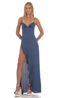 Slate Blue Spaghetti Strap Ruffled Open-Back Floor-Length Prom Dress