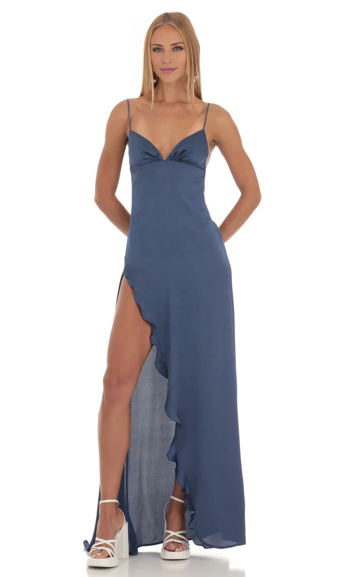 Slate Blue Spaghetti Strap Ruffled Open-Back Floor-Length Prom Dress