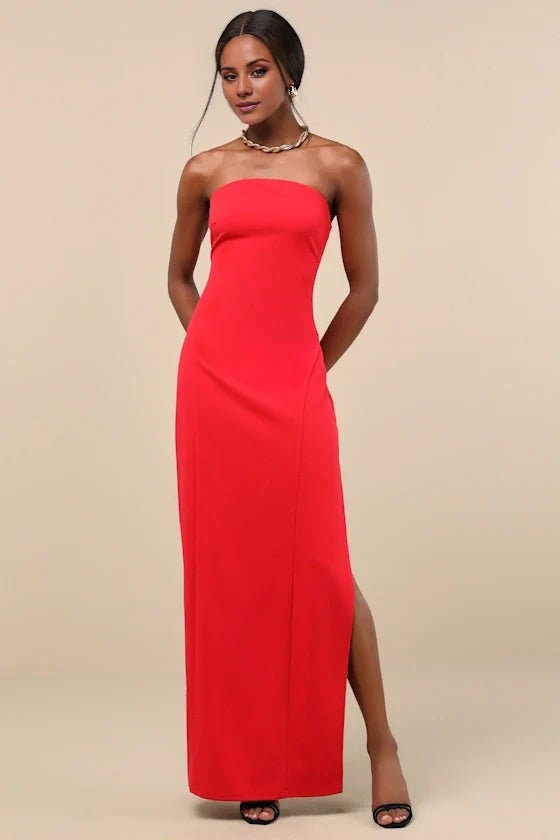 Red Strapless High-Slit Floor-Length Prom Dress