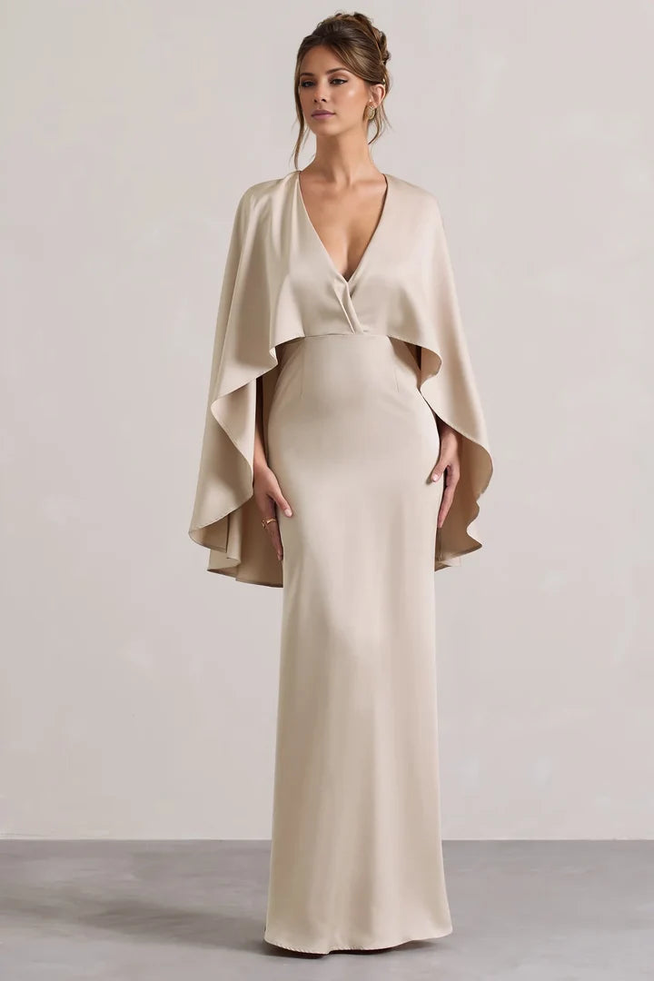 Champagne V-Neck Cape-Sleeve Mermaid Floor-Length Evening Dress