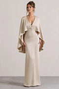 Champagne V-Neck Cape-Sleeve Mermaid Floor-Length Evening Dress