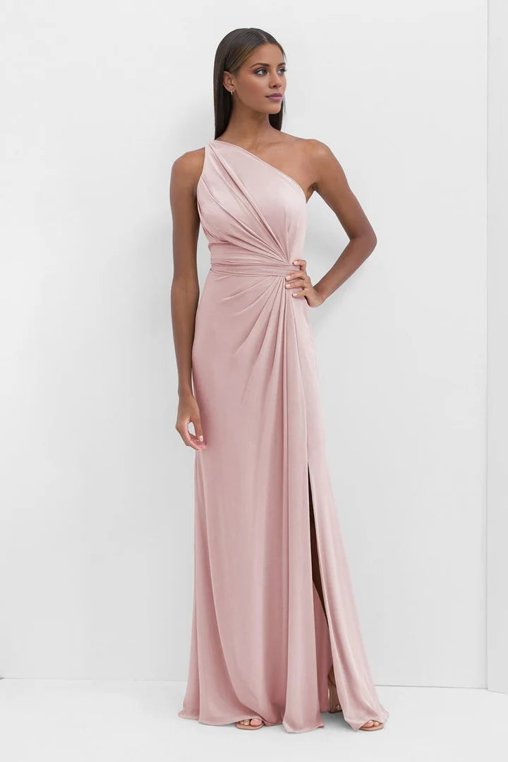 Blush Pink One-Shoulder Draped High-Slit Floor-Length Evening Dress