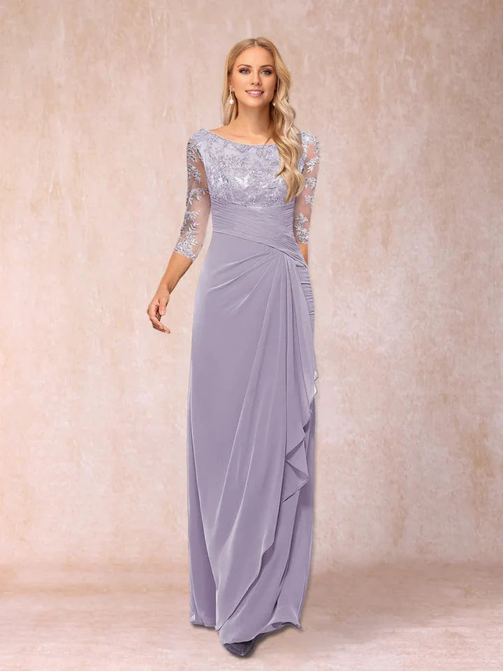 Sophisticated Sheath Bateau Neck 3/4 Sleeve Lace Back Floor Length Mother Of The Bride Dresses
