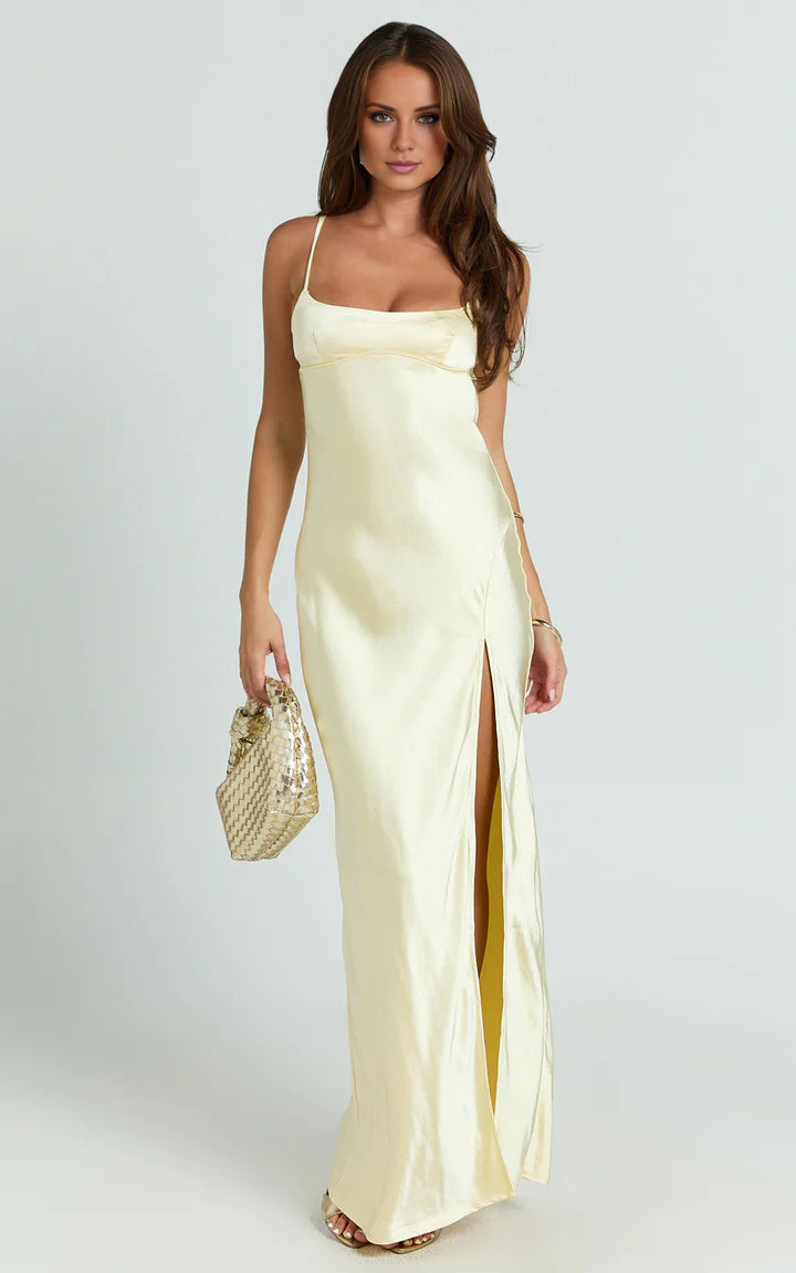 Pale Yellow Square-Neck Lace-Up Back High-Slit Prom Dress