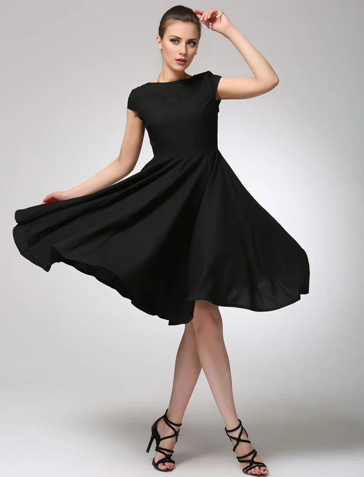 Classic A-Line Midi Boat Neck Cap Sleeve Zipper Back Party Dress