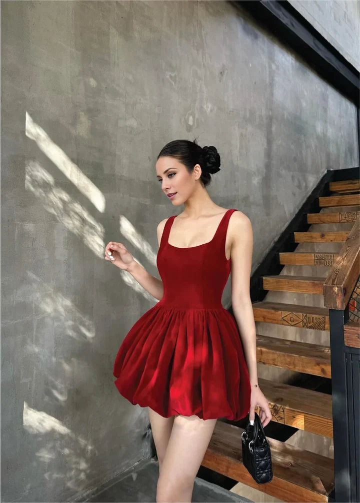 Flared Bubble Mini Square Neck Sleeveless Low Back Party Dress
