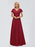 Chic A Line V Neck Flutter Sleeve V Back Floor Length Mother Of The Bride Dresses
