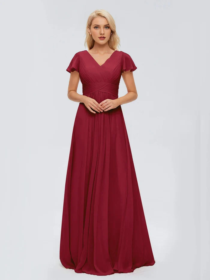 Chic A Line V Neck Flutter Sleeve V Back Floor Length Mother Of The Bride Dresses