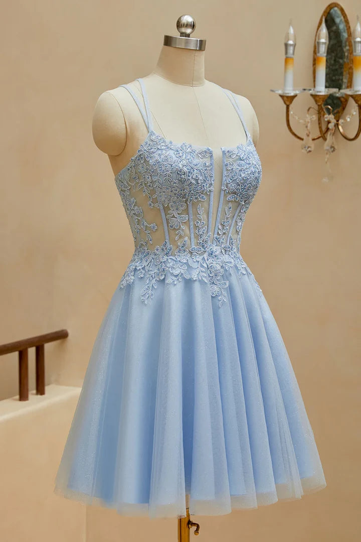 A-Line Square Neck Spaghetti Strap Lace Up Back Mini Homecoming Dresses