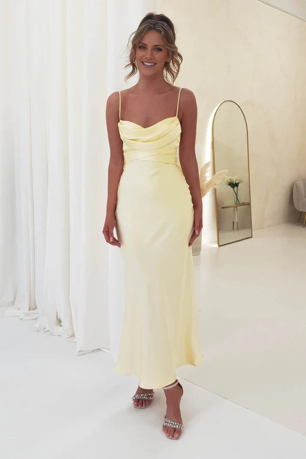 Soft Yellow Cowl Neck Sleeveless Tie-Back Midi Prom Dress