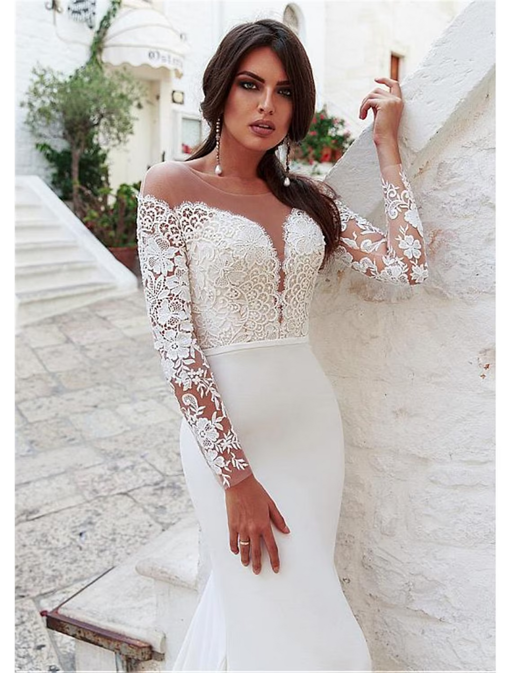 Engagement Open Back Formal Wedding Dresses Long Sleeve Jewel Neck With Appliques