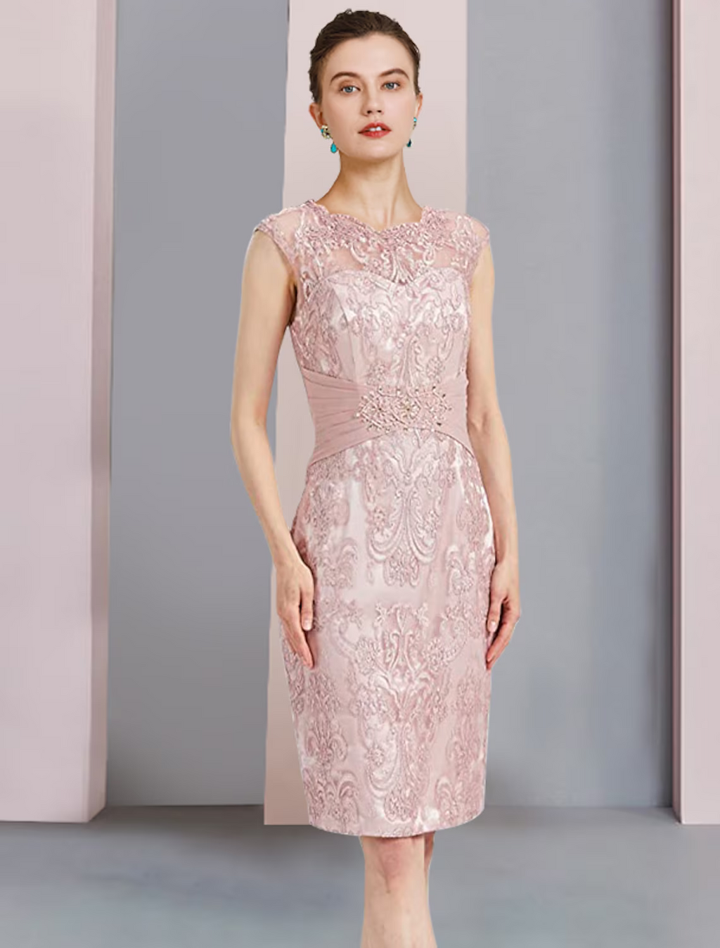 Mother of the Bride Dress Formal Wedding Guest Elegant Scoop Neck Knee Length Sleeveless Dresses with Beading Appliques