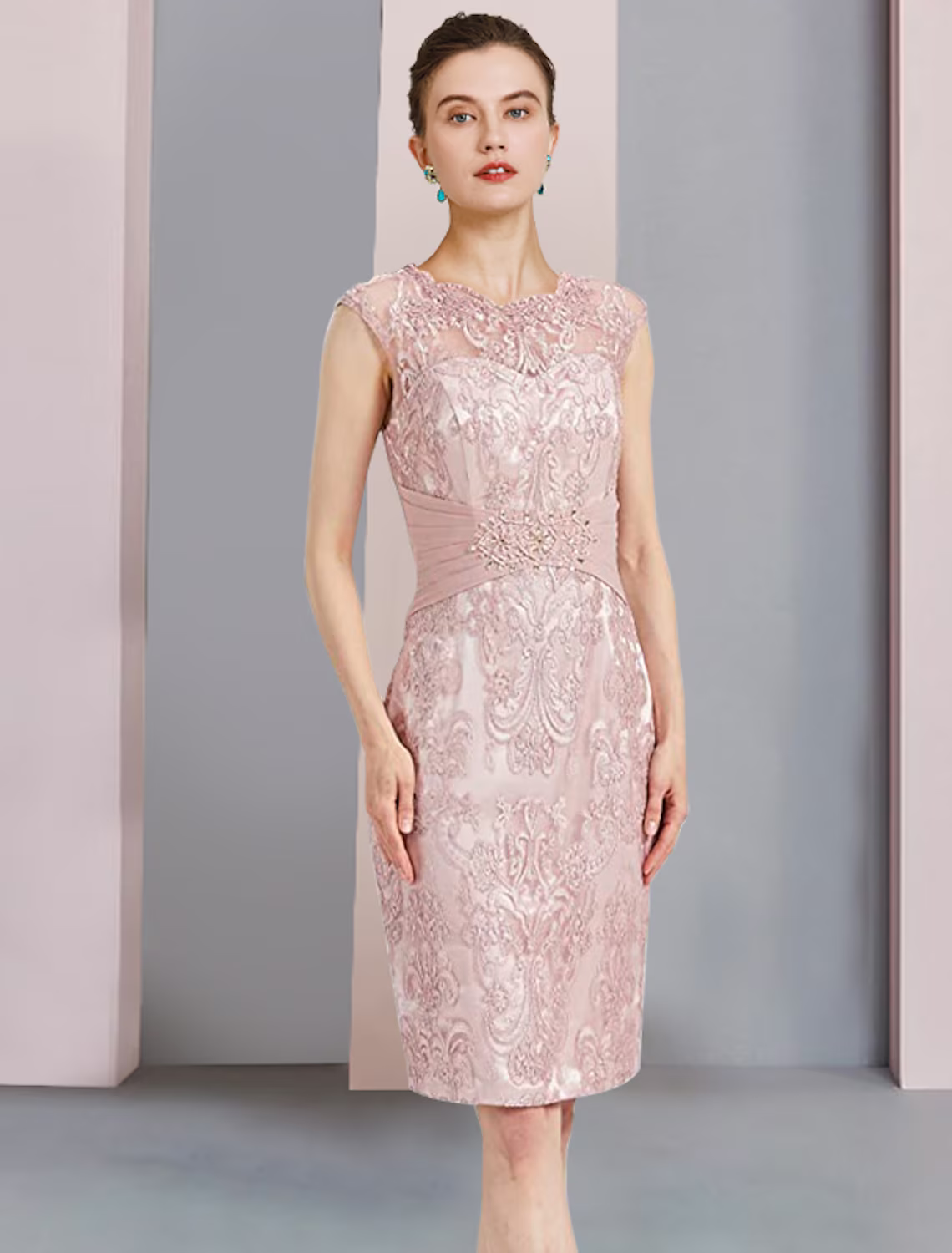 Mother of the Bride Dress Formal Wedding Guest Elegant Scoop Neck Knee Length Sleeveless Dresses with Beading Appliques