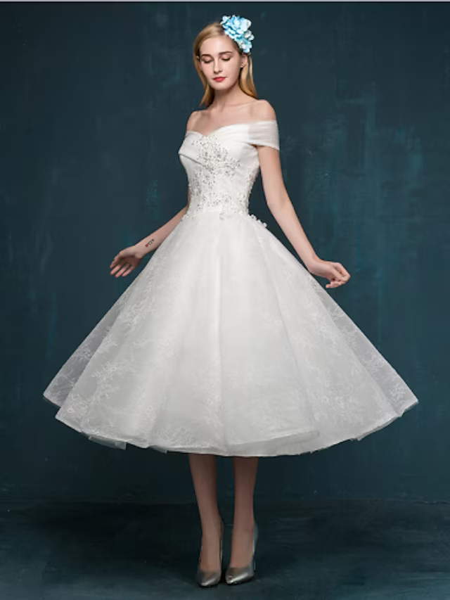 White Little Dresses Wedding Dresses Tea Length A-Line Short Sleeve Off Shoulder Beaded With Beading