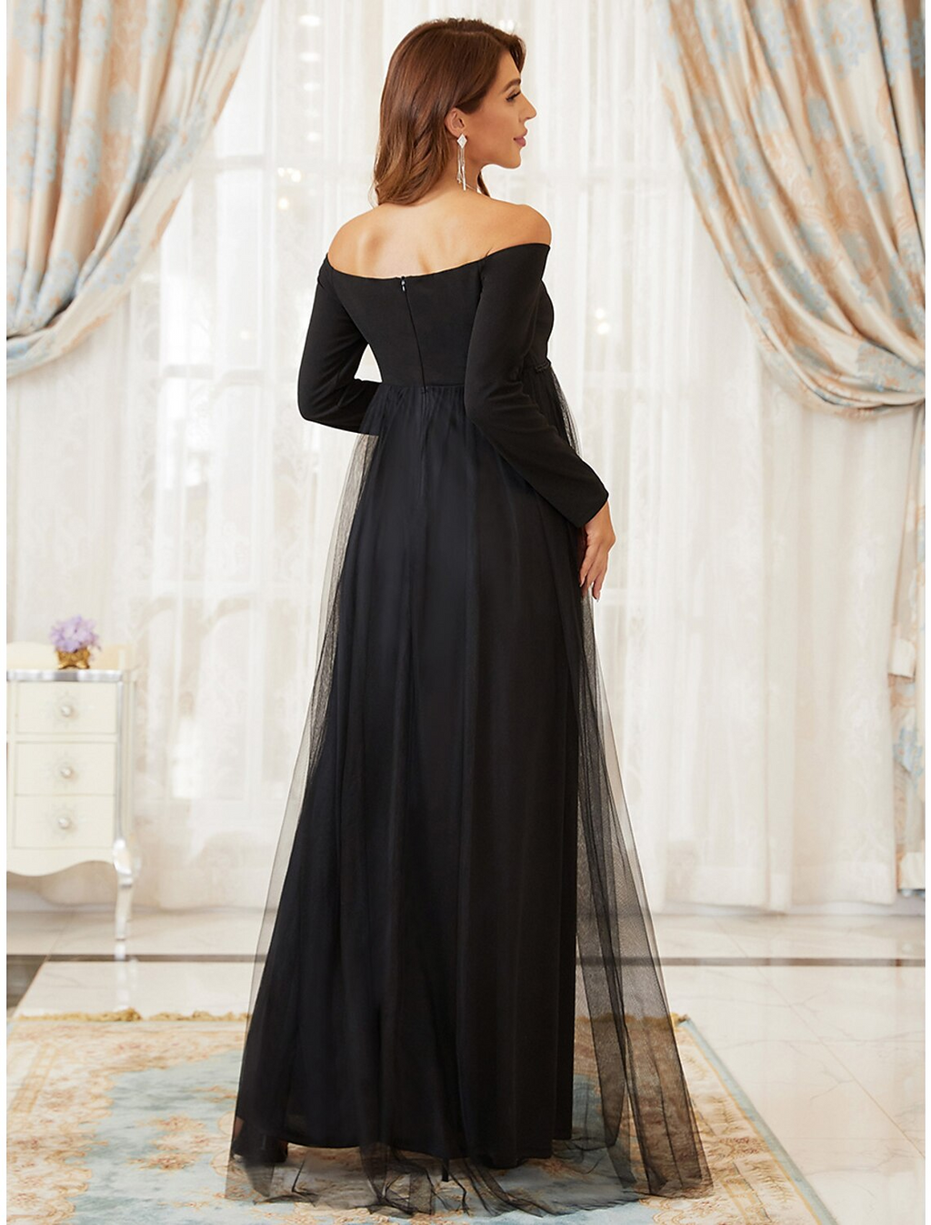 Mother of the Bride Dress Maternity Elegant Off Shoulder Floor Length Long Sleeve with Tier