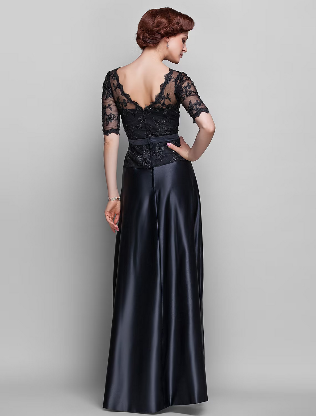 Mother of the Bride Dress V Neck Floor Length Half Sleeve with Bow(s) Beading