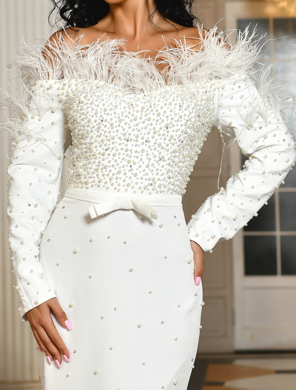 Engagement Formal Wedding Dresses Floor Length Long Sleeve Off Shoulder Fabric With Bow(s)