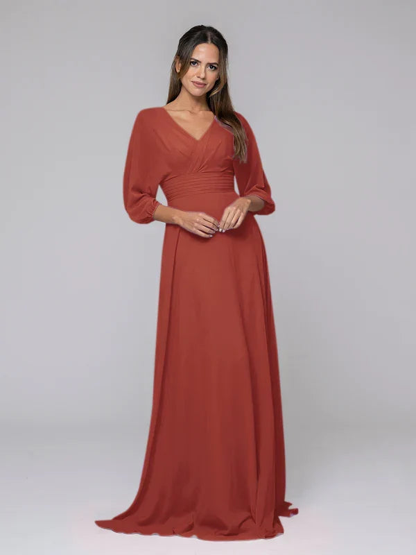 3/4 Lantern Sleeve V Neck A Line Bridesmaid Dresses