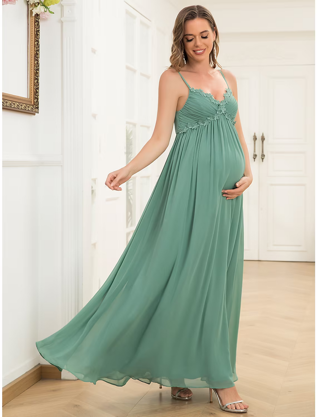 Evening Gown Maternity Dress Wedding Guest Floor Length Sleeveless V Neck V Back with Draping