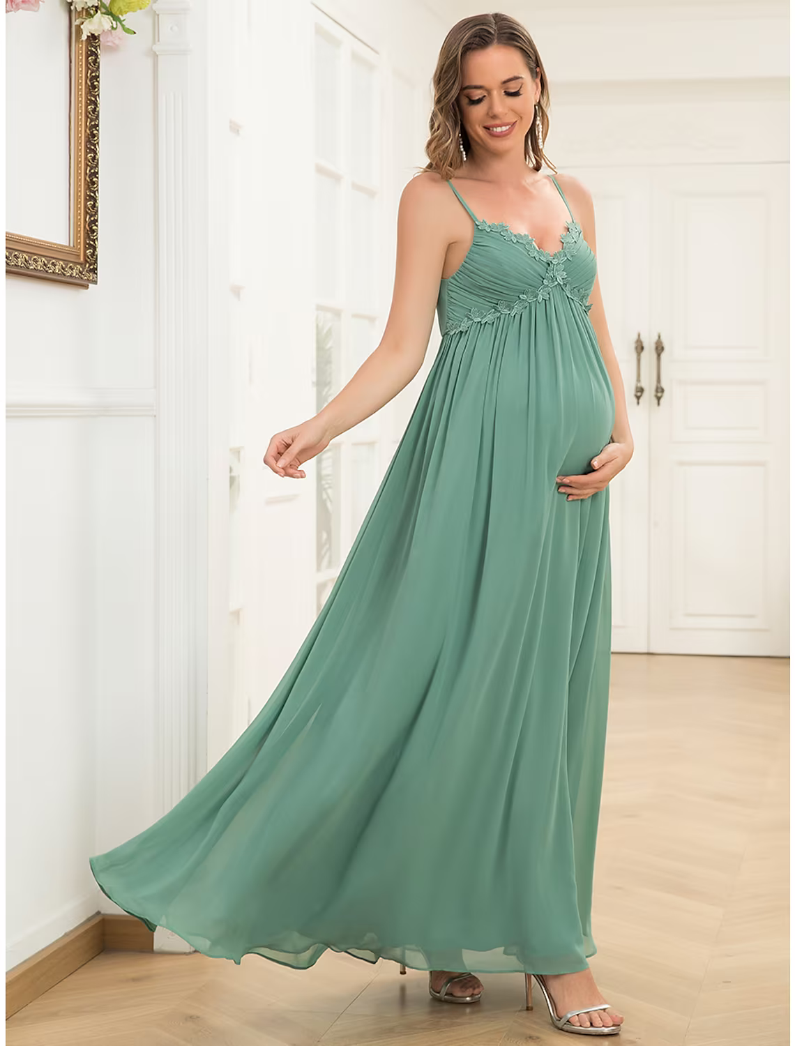Evening Gown Maternity Dress Wedding Guest Floor Length Sleeveless V Neck V Back with Draping