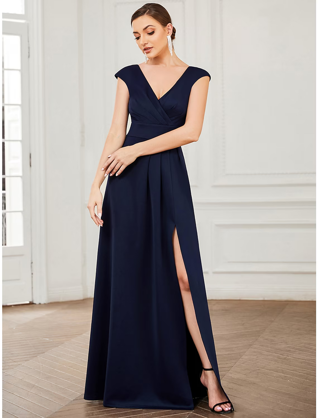 Evening Gown Elegant Dress Formal Floor Length Sleeveless V Neck V Back with Draping Slit