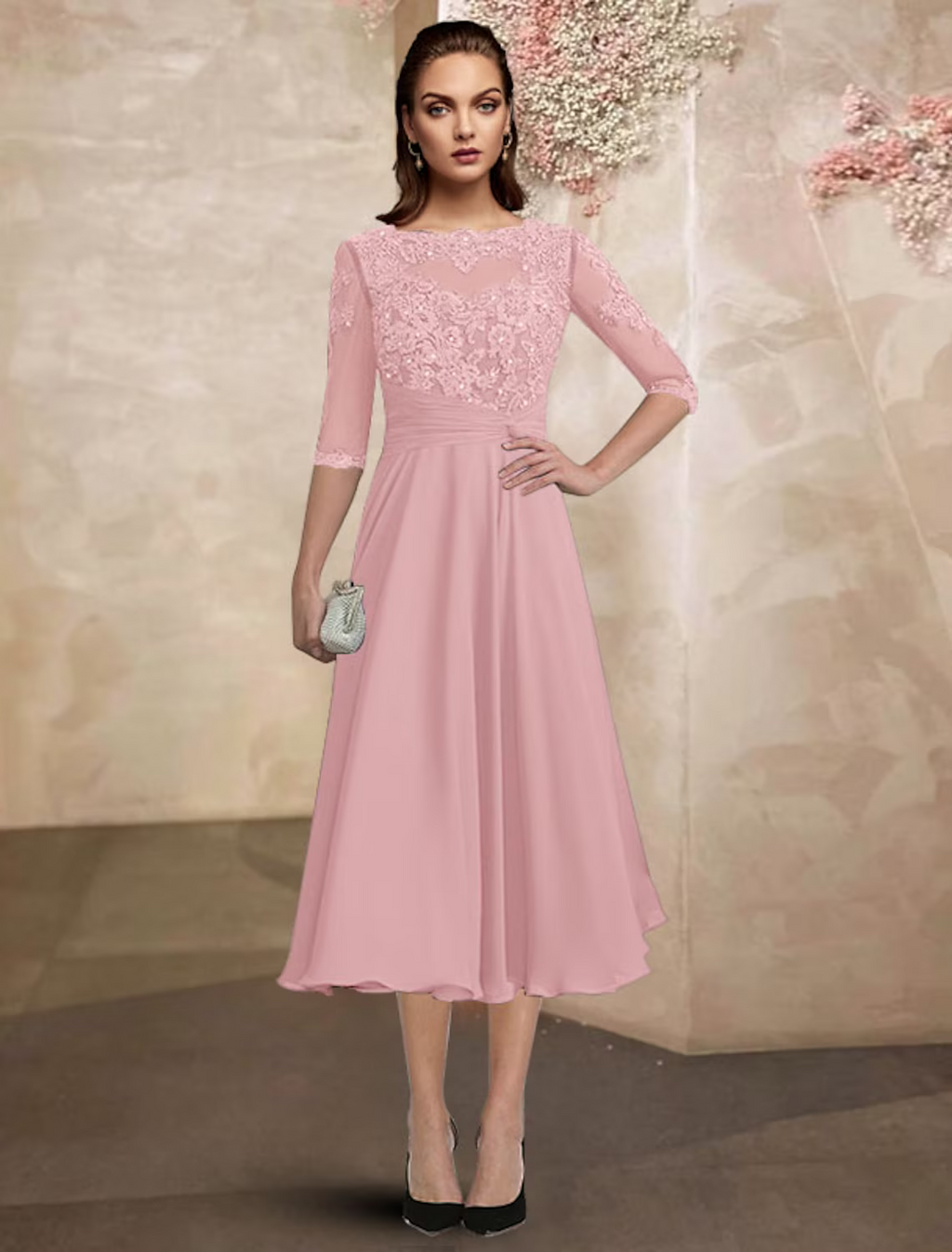 Mother of the Bride Dress Plus Size Elegant Tea Length Half Sleeve with Ruched Beading Appliques