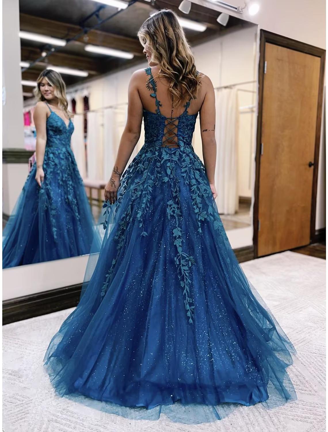 Ball Gown A-Line Prom Dresses Sparkle Shine Dress Formal Floor Length Sleeveless V Neck Backless with Glitter Appliques