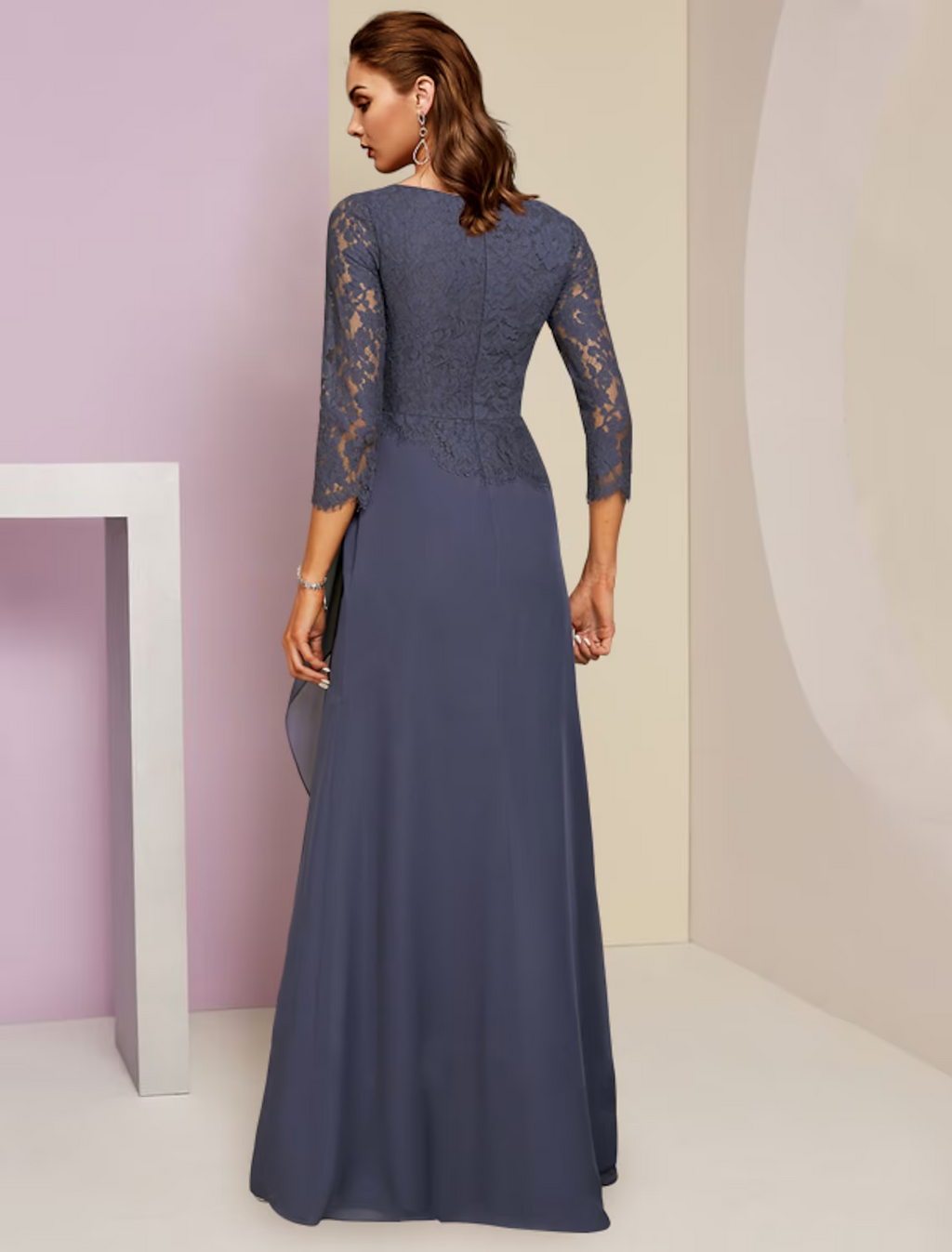 Mother of the Bride Dress Wedding Guest Party Elegant Scoop Neck Floor Length Sleeve with Ruffles Appliques