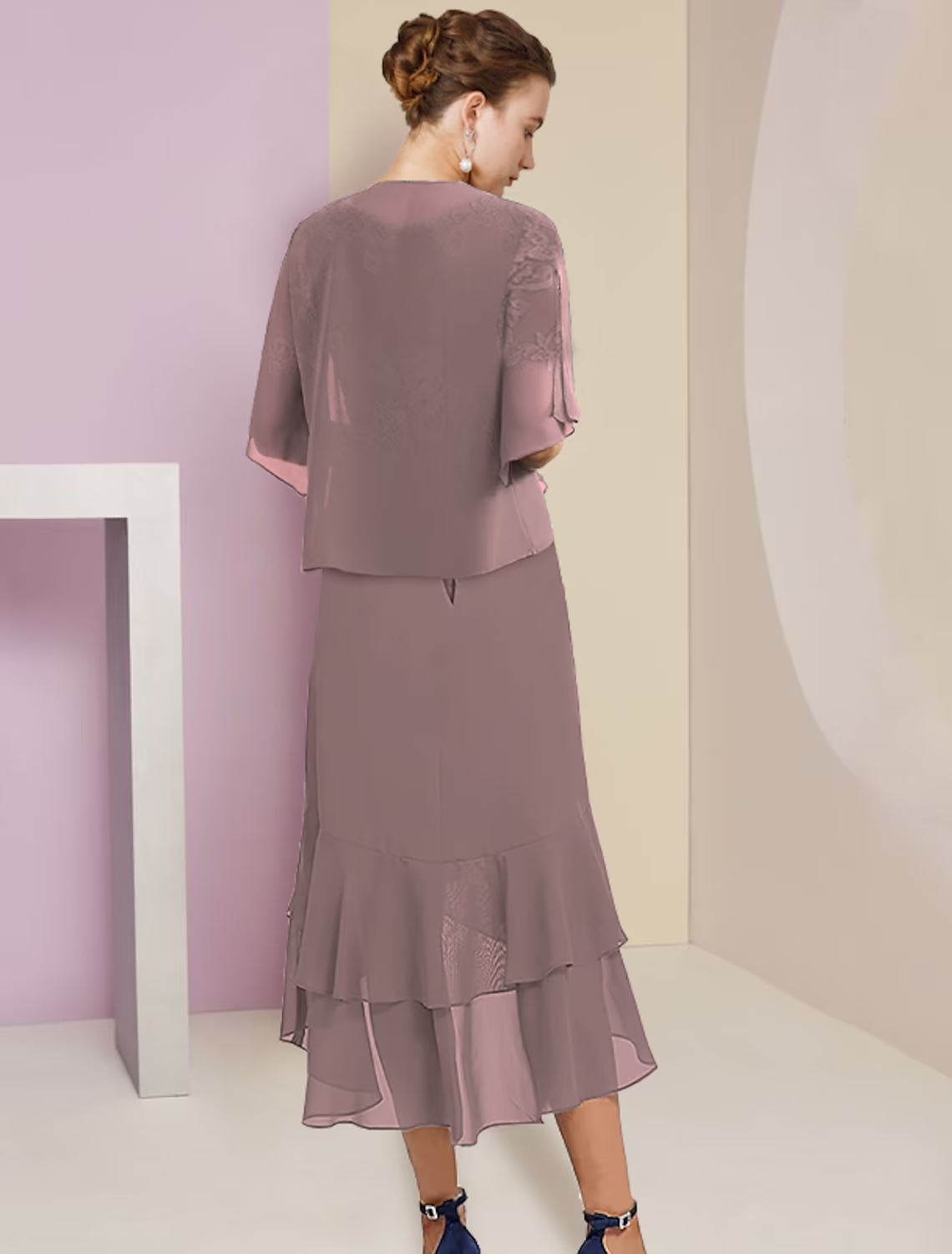 Two Piece A-Line Mother of the Bride Dress Formal Wedding Guest Elegant High Low V Neck Asymmetrical Length Short Sleeve Sleeve Wrap Included with Appliques