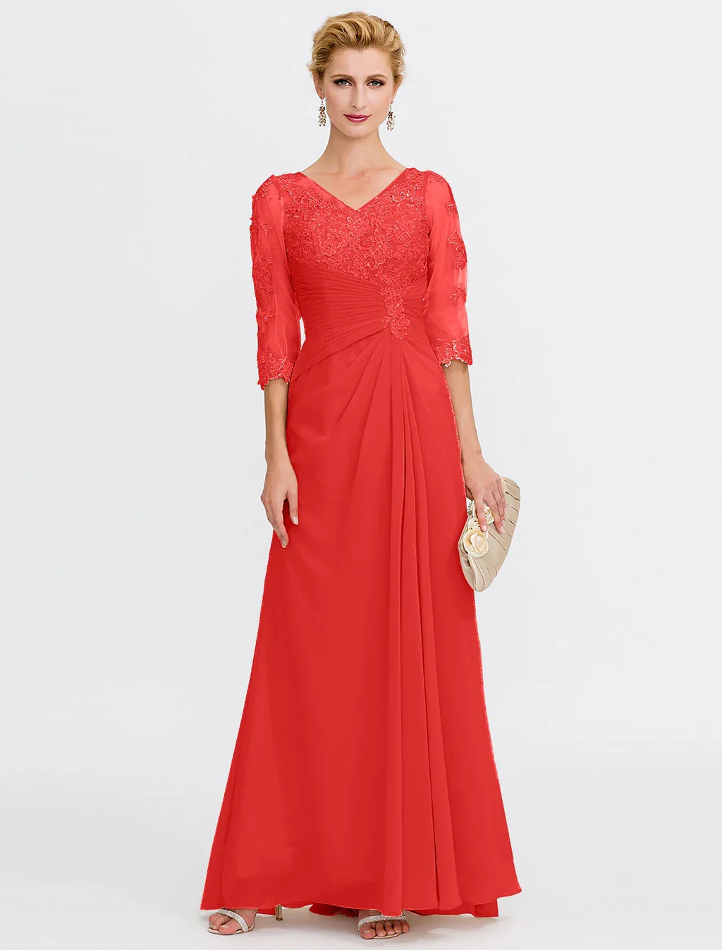 Mother of the Bride Dress Plus Size Elegant Through V Neck Floor Length Half Sleeve with Appliques Side Draping